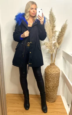 New ⭐ CY Boutique Oversized Parka ???? Coat With Faux Fur Trim Hood In Blue/Black ????