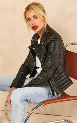 Deals ✔️ BARNEYS ORIGINALS Real Leather Ribbed Asymmetric Biker Jacket In Black ????