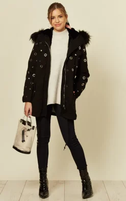 New ???? LOES House Eyelet Faux Fur Parka In Black ⭐