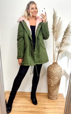 Cheap ???? CY Boutique Oversized Parka ???? Coat With Faux Fur Trim Hood In Green/Pink ????