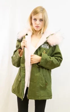 Wholesale ???? CY Boutique Parka ???? Coat With Faux Fur Trim Hood And Patches In Pink/Green ????