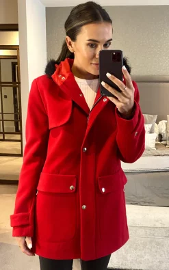 Best Pirce ???? Anastasia Fashions Anastasia Red Hooded Zip Duffle ???? Coat With Faux Fur Trim ????