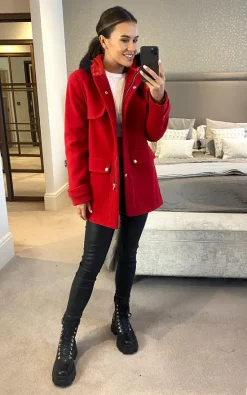 Best Pirce ???? Anastasia Fashions Anastasia Red Hooded Zip Duffle ???? Coat With Faux Fur Trim ???? -De La Creme Fashions Shop unnamed file 516