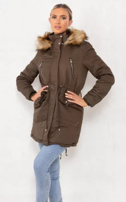 Deals ???? Boutique Store Khaki Drawstring Waist Faux Fur Hooded Parka Jacket ????