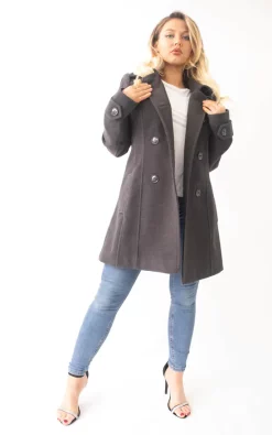Cheapest ???? De La Creme Fashions Bethany Winter Double Breasted Hooded ???? Coat In Grey ????