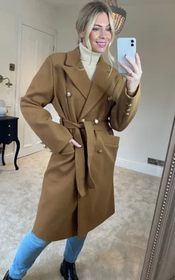 Best Sale ???? KURT MULLER Camel Brown Gold Button Belted Trench ???? Coat ⌛