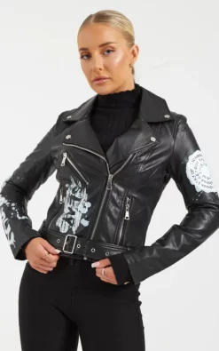 Coupon ???? Pretty Moi Black Graffiti Leather Biker Jacket ????