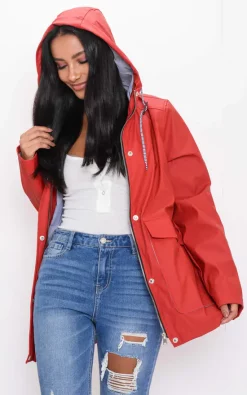 Cheap ???? LILY LULU FASHION Waterproof Hooded Rain Mac In Red ⌛