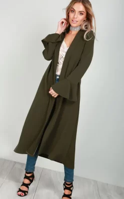 Promo ???? Oops Fashion Frill Sleeve Midi Trench Jacket In Khaki ????