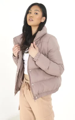 Coupon ???? IKRUSH Eliza Faux Leather Button Down Padded Jacket In Taupe ????