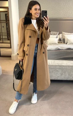 Budget ???? Anastasia Fashions Anastasia Camel Double Breasted Military ???? Coat With Faux Fur Collar ❤️