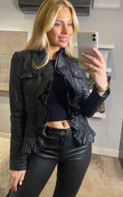 De La Creme Fashions Shop 3 Best deal ???? Izabel London Black Frilled Front Faux Leather Jacket ????