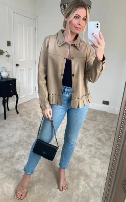 Hot Sale ✨ Malissa J Collection Pu Frill Jacket With Studs In Caramel ⌛